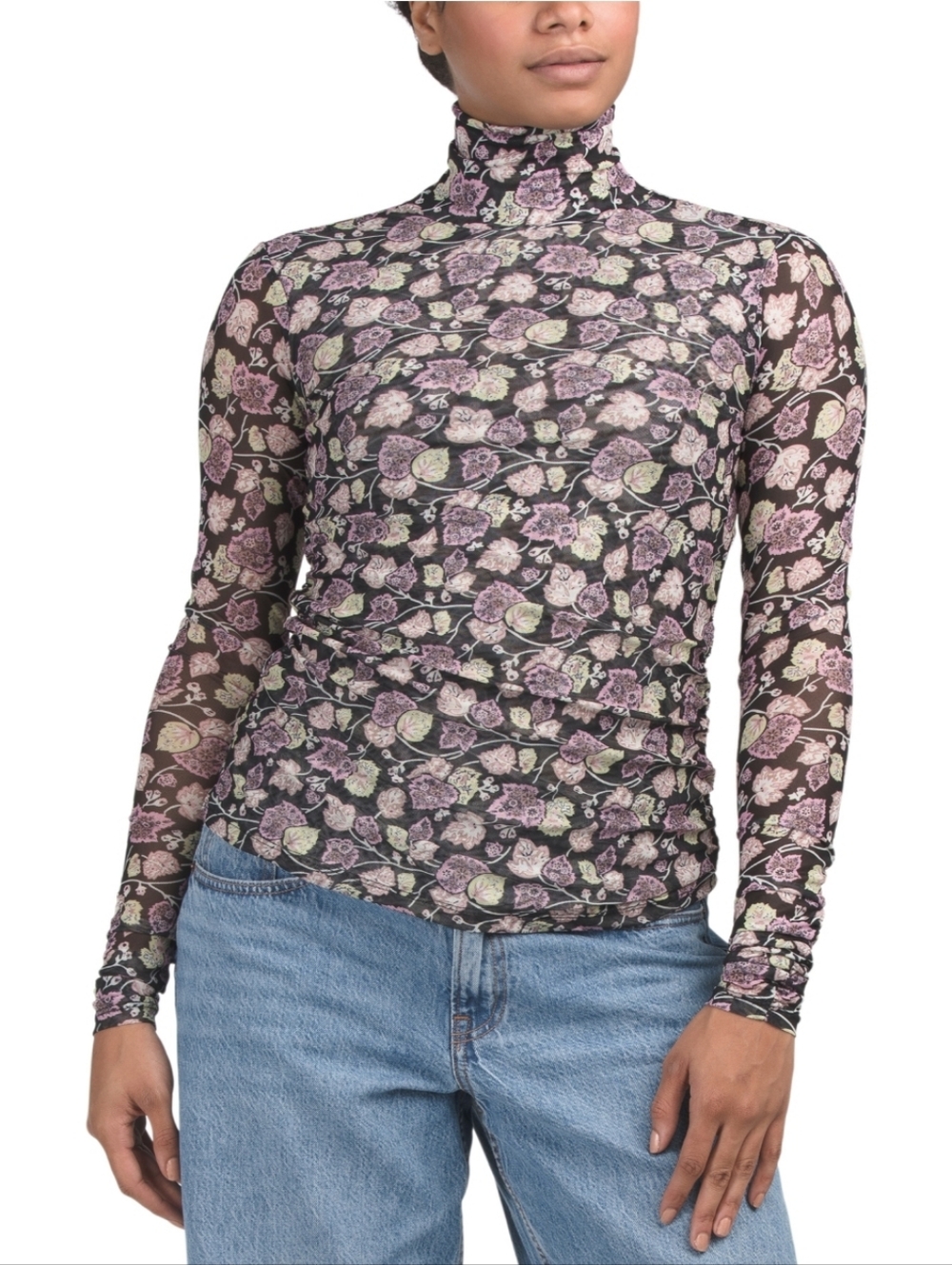 Truth Floral Mesh Turtleneck Long-Sleeve Top XS